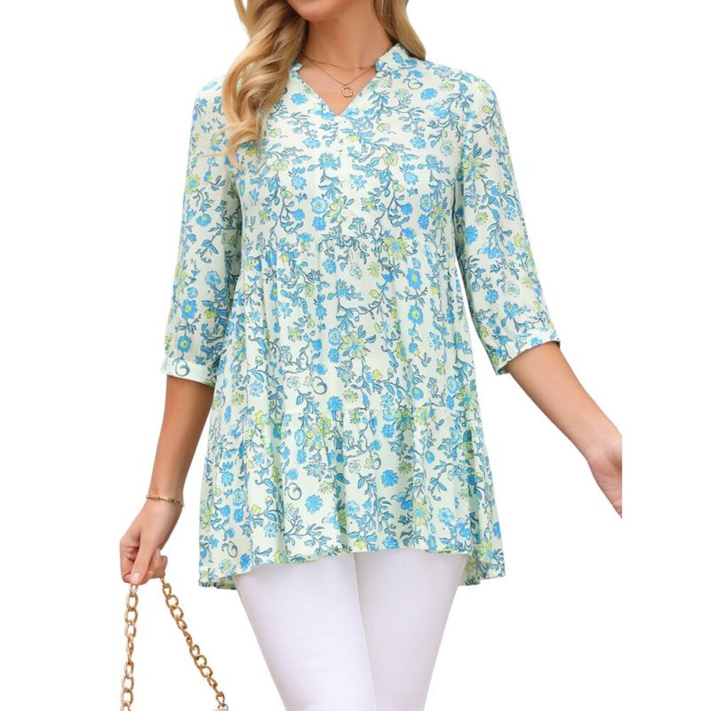 Women Floral Babydoll Notch Shirt Tiered V Neck 3/4 Sleeve Top Beige